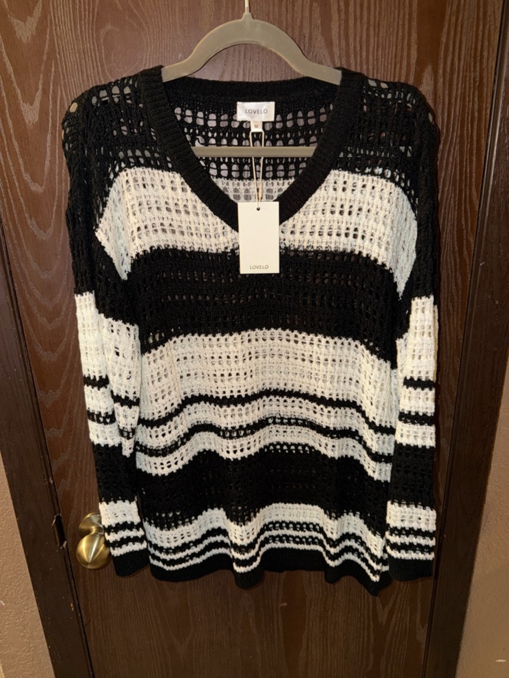 Black and White Striped Open Knit V-Neck Sweater
